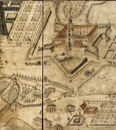 Fragment Widoku miasta Rzeszowa z 1762 r., ukazujący figurę Św. Jana Nepomucena stojącego przy moście nad odnogą Jeziora Bernardyńskiego. Ze zbior&oacute;w Muzeum Okręgowego w Rzeszowie